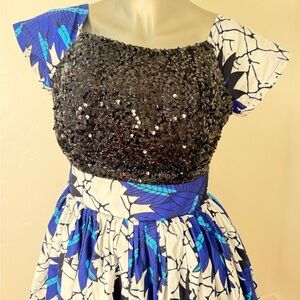 Custom Sequin Black Bodice and Blue‎ Leaf Knee Length Print Dress
